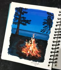 a drawing of a campfire with trees in the background