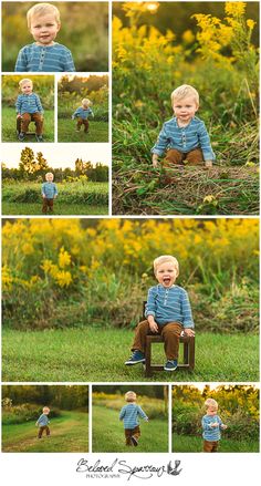 a little boy sitting in the grass and smiling