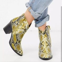 Call It Spring By Aldo Cecily Vegan-Friendly Heeled Western Ankle Boot In Yellow Snake Print Booties *Snakeskin Design *Side-Zip Opening *Pointed Toe *Block Heel *Heel Height: 3” *Wipe Clean Only *Lining: 100% Textile, Sole: 100% Other *Materials, Upper: 100% Other Materials Casual Yellow Heels For Fall, Spring Snake Print Pointed Toe Heels, Trendy Snake Print Boots For Spring, Spring Snake Print Round Toe Heels, Trendy Yellow Summer Boots, Trendy Ankle-high Snake Print Boots, Yellow Snake, Neutral Heels, Western Ankle Boots