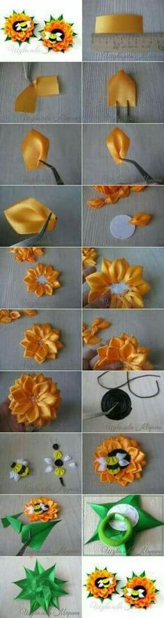 the process of making paper flowers is shown in multiple stages, including cutting them into smaller pieces