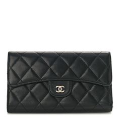 This is an authentic CHANEL Lambskin Quilted Large Flap Wallet in Black. This wallet is crafted of diamond quilted lambskin leather in black. It features a front flap with a small polished silver Chanel CC logo and unsnaps to a burgundy leather interior with card slots, patch pockets, snap pocket, and fabric bill compartment. Luxury Black Quilted Wallets, Elegant Quilted Leather Wallet, Elegant Quilted Wallet For Formal Occasions, Elegant Quilted Wallets For Formal Occasions, Designer Leather Wallet With Quilted Detail, Designer Quilted Leather Wallet, Classic Formal Quilted Wallet, Quilted Leather Wallets For Formal Occasions, Formal Quilted Leather Wallets