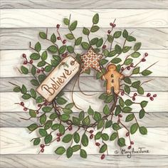 a painting of a wreath with two gingerbreads on it