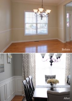 before and after pictures of a dining room with hard wood flooring, chandelier, and white painted walls