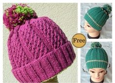 two pictures of hats with pom poms on them, one is purple and the other is green