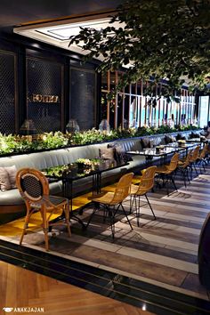 a restaurant with tables, chairs and plants on the wall above them is lit by lights