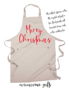 an apron with the words merry christmas written in red on it and a white background