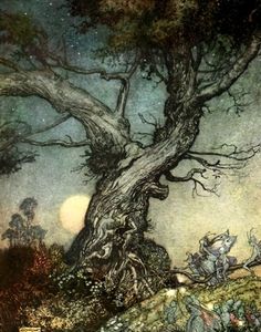 an image of a fairy scene with horses and riders in the woods by a tree