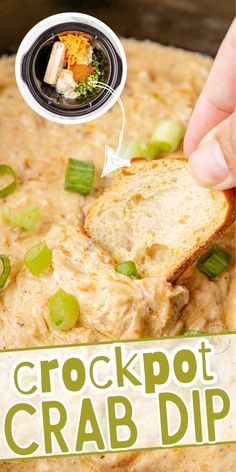 the crockpot crab dip is being served with bread and celery on top