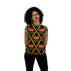 This beautifully designed African Print Women T-Shirt in Kente Print is a must-have for any wardrobe. The vibrant, cultural colors are eye-catching and full of character, it is soft and comfortable on the skin. The high-quality fabric adds a touch of luxury while still being breathable and lightweight. Wear this with confidence knowing it will always look fashionable and stylish. Product Features Please Compare your Measurements To our Size Chart This T-shirt is Designed for fashionable women. M Kente Print, Mud Cloth, Fashion Accessories Jewelry, Women T Shirt, African Print, Quality Fabric, Really Cool Stuff, Dress Outfits, Wonder Woman