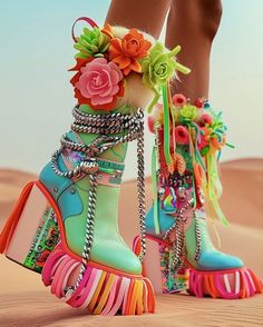 Neon Carnival, Tropical Glam, Funny Shoes, Clown Shoes, Extreme Fashion, Fashion Shoes Boots, Shoes Heels Classy, Fantastic Shoes, Funky Shoes