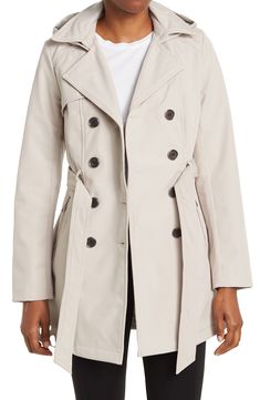 Keep off the wind and rain in this water-resistant softshell trench coat featuring a removable hood, tie waist and secure zip pockets. 32 1/2" length (size S) Water- and wind-resistant Removable hood Notched collar Long sleeves Double-breasted closure Tie belt Front zip pockets Softshell construction Partially lined Shell/lining: 100% polyester Machine wash, line dry Imported Model stats: 5'10" height, 32" bust, 25" waist, 36" hip. Model is wearing size S. Latinx Owned and Founded | Sebby Water- Double Breasted Trench Coat, Wind And Rain, Sharp Dressed Man, Short Coat, Notched Collar, Tie Belt, The Wind, Double Breasted, Blazer Jacket