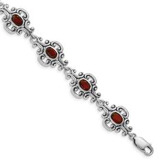 Product Specification Jewelry Specification: Material Purity : 925 Finish : Polished & Antiqued Stone Type 1 : Garnet Stone Color 1 : Red Length : 7.25 In Plating : Rhodium Chain Length : 7.25 In Chain Width : 12 Mm Clasp /Connector : Lobster Manufacturing Process : Casted Material : Sterling Silver Stone Treatment 1 : Not Enhanced Item Weight U/M : Gm Product Type : Jewelry Jewelry Type : Bracelets Sold By Unit : Each Bracelet Type : Gemstones Material Color : White Stone Creation Method 1 : Na Crazy Jewelry, Filigree Bracelet, Garnet Bracelet, Garnet Stone, Garnet Gemstone, Fine Jewelry Gift, Red Garnet, Selling Jewelry, Tennis Bracelet