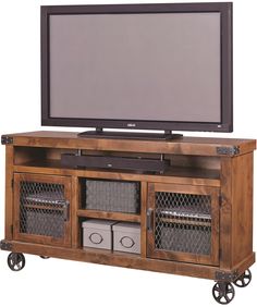 an entertainment center with wheels and a flat screen tv