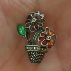 Vintage Judith Jack sterling silver marcasite enamel Flower Pot pin brooch 1 1/2 x 1 1/8 inch shipping includes insurance Ornate Silver Enamel Brooches, Silver Enamel Brooch Pin, Vintage Silver Enamel Pins, Orange Fox, Sterling Silver Marcasite, Butterfly Ring, Enamel Flower, Herkimer Diamond, Quartz Points