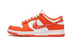 The Women’s Nike Dunk Low “Orange Paisley” is an extension of the paisley Dunk collection of 2022 in a vibrant white and orange color combination.  This Dunk Low features a white leather base paired with orange leather overlays.  A paisley pattern covers the Swoosh logo as well as the heel tab.  The result is a look reminiscent of the classic “Syracuse” Dunk with a paisley twist. Orange Color Combinations, Nike Swoosh Logo, Nike Models, Cute Nike Shoes, Sneaker Stores, Nike Sb Dunk, Cute Nikes, Orange Leather, Best Sneakers