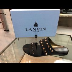 Brand New With Tags Lanvin Paris Sandals. Size Eu 36/Us 6 Measurements: Sole: 9.5 Inches Designer Flat Sandals With Studded Rubber Outsoles, Designer Flat Sandals With Studded Outsoles, Lanvin Shoes, Gold Stud, Gold Studs, Lanvin, Accent Colors, Gold Black, Black Sandals