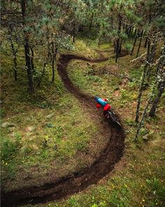 a person riding a dirt bike on a trail in the woods with trees and grass