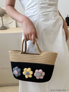 BagForLove - Stylish Color Block Crochet Tote Bag with Floral Embellishments Color Block Crochet, Block Crochet, Crochet Tote Bag, Crochet Tote, Word Wrap, Plaid Fashion, Vacation Style, Square Bag, Color Khaki