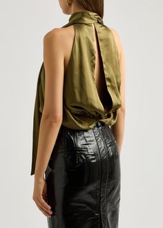 Long Description#Info & Care# Petar Petrov satin top  High halterneck with draped ties, gathered details at hem Button-fastening split at back  65% acetate, 35% viscose Dry clean  #Size & Fit# Length shoulder to hem: 18.5 inches/ 47cm  Midweight  Relaxed fit, slim across the bust and waist  Model is 5'9"/ 175cm and wears a size FR36 Petar Petrov, Green Olive, Satin Top, Fenty Beauty, Hair Health, Olive Green, Top Brands, Split, Dry Clean