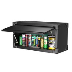 an open metal shelf with cans and cans on the bottom, in front of a white background