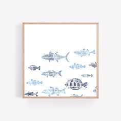 Modern Fish Illustration Blue and White Wall Art Print or Canvas - Jetty Home Blue And White Wall Art, Fun Paintings, Fun Art Print, School Of Fish, Cape Cod Massachusetts, Fish Illustration, Beach House Design, Nautical Style, Background Art