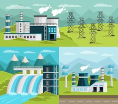 three different views of power plants and water