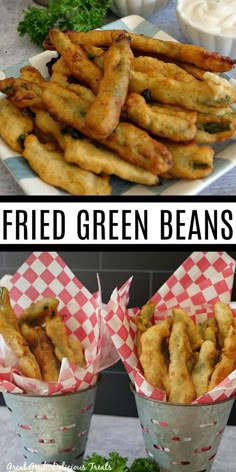 Collage of fried green beans on plate at top and two buckets lined with paper and filled with fried green beans at bottom. Battered Green Beans Air Fryer, Fried Veggie Batter, Fried Green Onions Recipes, How To Fry Green Beans, Deep Fried Green Beans Recipe, Green Bean Appetizer Recipes, Batter For Frying Vegetables, Fried Beans Recipe, Breaded Green Beans