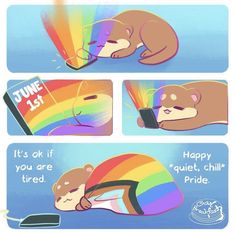 a comic strip with an image of a teddy bear sleeping on a rainbow colored pillow