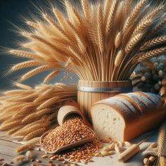 bread, wheat and grains on a wooden table