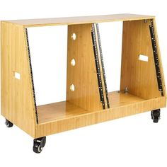 a wooden shelf with three shelves on wheels