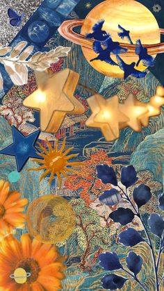 an artistic painting with stars and sunflowers