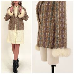 "Vintage 80s Donnkenny fuzzy lambswool blend jacket with fur cuffs. Light brown open weave with pastel strands woven through. Puffed shoulders and a single button closure. Fully lined. In overall great vintage condition with normal textural wear to the wool - please see photos. All measurements are taken with the garment laying flat and doubled for the bust, waist, and hips. Bust: 38\" Shoulder to Shoulder: 14\" Sleeve (center back collar seam to shoulder + shoulder to cuff): 32\" Length (center Retro Long Sleeve Winter Fur Coat, Retro Long Sleeve Fur Coat For Winter, Retro Winter Outerwear With Faux Fur Trim, Vintage Spring Outerwear With Faux Fur Trim, Cream Tweed Jacket For Winter, Winter Cream Tweed Jacket, Winter Retro Long Sleeve Tweed Jacket, Retro Winter Wool Tweed Jacket, Retro Wool Tweed Jacket For Winter