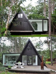 two pictures of a house in the woods, one is made out of wood and the other has glass windows