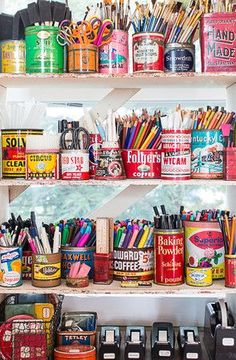 the shelves are filled with many different types of pencils and other office supplies on them