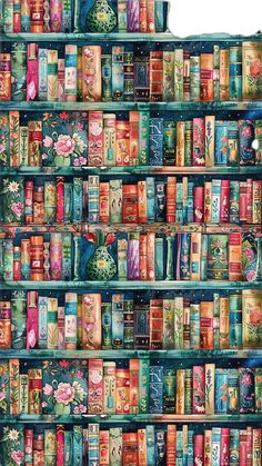 a large book shelf filled with lots of books on top of each other, all covered in many different colored books