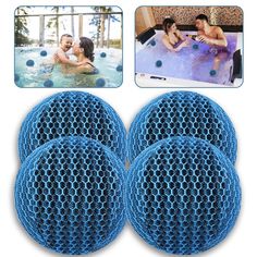 four round blue mesh bath mats in the middle of a swimming pool with two people sitting on