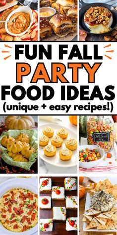 Easy fall party food ideas for an autumn harvest party, fall birthday party, or holiday celebration, including recipes for side dishes, appetizers, desserts, and crockpot main dishes that feed a crowd. Food For Fall Birthday Party, Creative Fall Food Ideas, Church Fall Festival Food Ideas, Fall Birthday Party Food Ideas For Kids, Fall Harvest Food Ideas, Outdoor Fall Food Ideas, Harvest Festival Food Ideas, Fall Party Foods For A Crowd, Fall Carnival Food Ideas