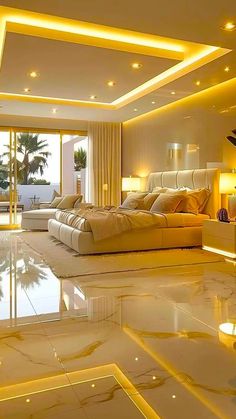 a modern bedroom with marble floors and yellow lighting