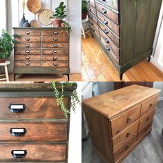 several different types of dressers with plants on top and bottom drawers in the middle