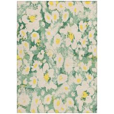 a green and yellow rug with white flowers on the front, in an abstract pattern