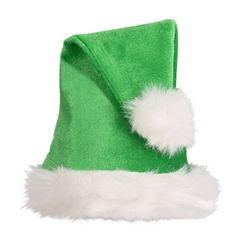 a green santa hat with white pom - poms