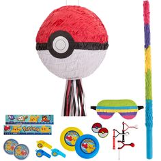 an assortment of toys including a ball, toothbrush and other items for a child's birthday party