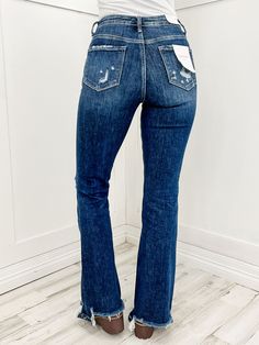 Elevate your denim game with our High Rise Flare Jeans, the epitome of style and comfort. Crafted from a blend of 90% cotton, 8% polyester, and 2% spandex, these jeans provide a perfect balance of stretch and durability. Their high-rise waist ensures a flattering and modern silhouette, while the distressed detailing and frayed hem add a touch of edgy charm. These full-length flare jeans offer timeless style and versatility for various occasions. Whether you're pairing them with a casual top for Affordable Jeans, Emma Lou, High Rise Flare Jeans, Casual Top, Timeless Style, Flare Jeans, Casual Tops, Timeless Fashion, Full Length