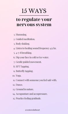 Here are 15 ideas for nervous system regulation. Try some of these to regulate your nervous system when you are feeling stressed, anxious, or overwhelmed. A regulated nervous system is the ultimate self-care! Simple things like humming, shaking, dancing, and deep breathing techniques can assist in brining your body and mind back to balance. Regulate Your Nervous System, Nervous System Regulation, Mental Health Inspiration, Human Body Organs, Healthy Hormones, Deep Breathing, Building Self Esteem, The Nervous System, Hormone Health