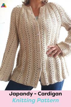 a woman wearing a knitted cardigan with the text japann - cardigan knitting pattern