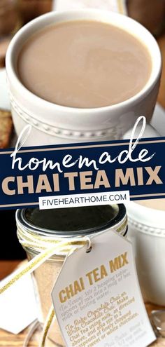 homemade chai tea mix in a jar with a tag on it