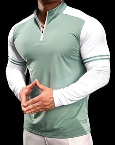 PeakFit Men’s Gym & Fitness T-Shirt Casual Half-zip Sports Tops, White Winter Sports T-shirt, White Winter T-shirt For Sports, Winter Sports T-shirt, White Tops For Outdoor Sports Season, Green Sporty Tops For Outdoor, Green Moisture-wicking Winter Top, Green Athletic Fit Top For Light Sports, Green Workout Tops For Winter