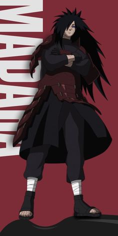 an anime character with long black hair standing in front of a red background