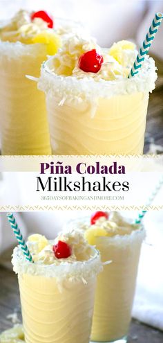 two glasses filled with pine cola milkshakes and topped with whipped cream, pineapples, and cherries