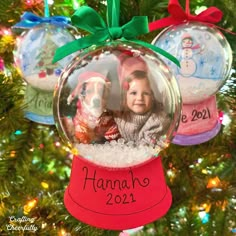 a christmas ornament hanging from a tree with two dogs in it and the name hannah